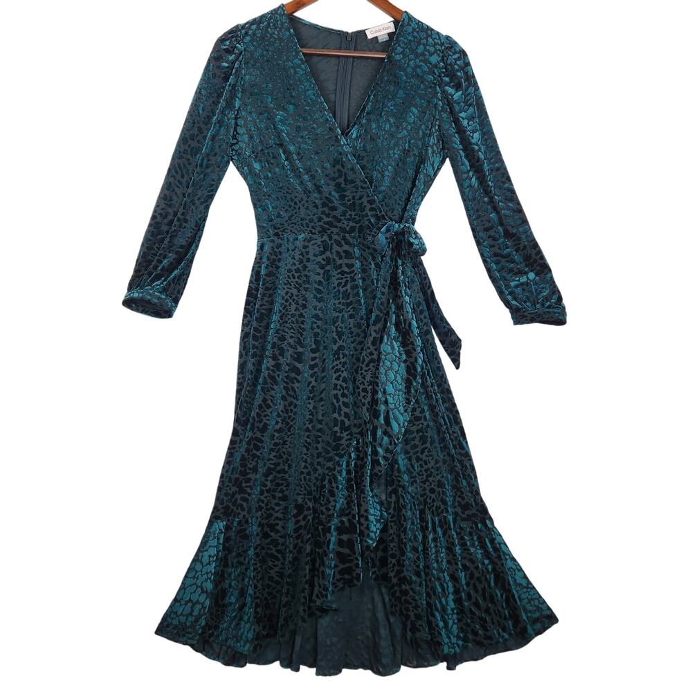 Calvin Klein Burnout Velvet Wrap Dress Women’s SZ 2 Dark Green Animal Print